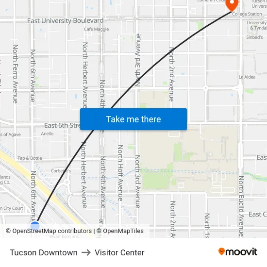 Tucson Downtown to Visitor Center map