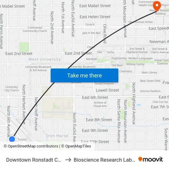 Downtown Ronstadt Center (D) to Bioscience Research Laboratories map