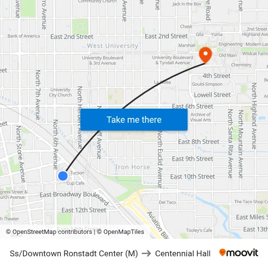 Ss/Downtown Ronstadt Center (M) to Centennial Hall map
