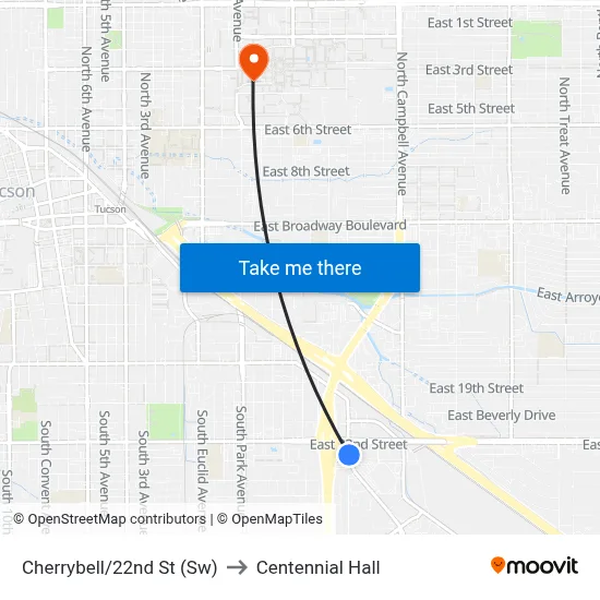 Cherrybell/22nd St (Sw) to Centennial Hall map