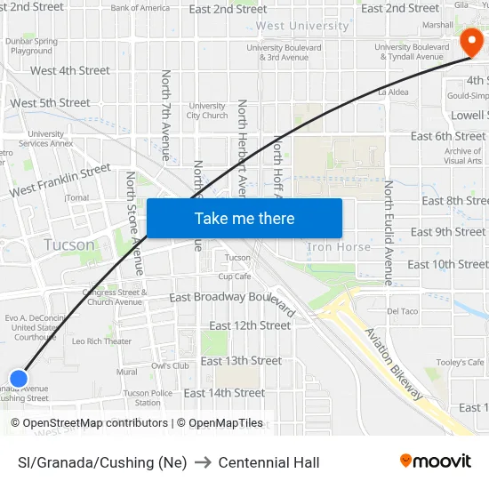Sl/Granada/Cushing (Ne) to Centennial Hall map