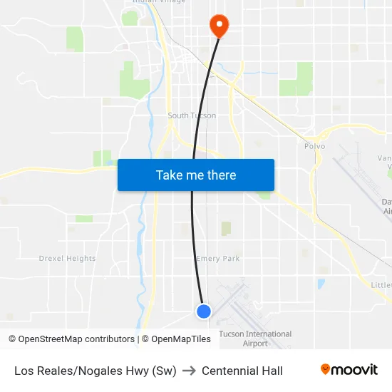 Los Reales/Nogales Hwy (Sw) to Centennial Hall map