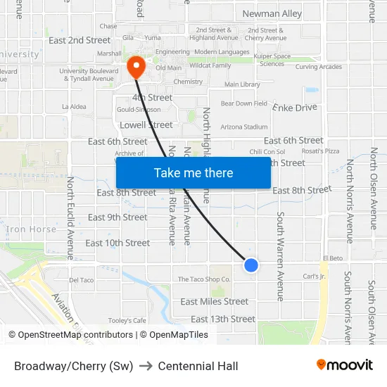 Broadway/Cherry (Sw) to Centennial Hall map