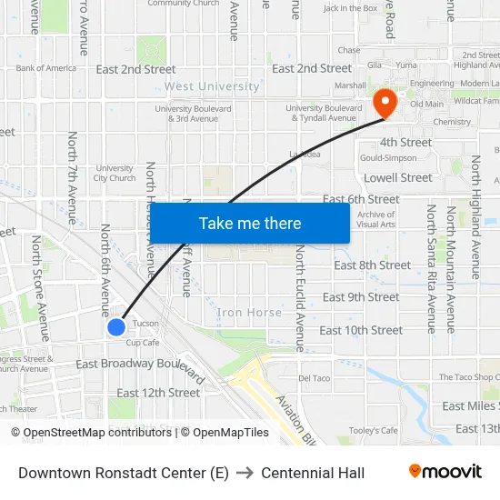 Downtown Ronstadt Center (E) to Centennial Hall map