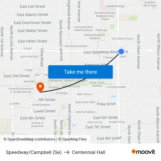 Speedway/Campbell (Se) to Centennial Hall map