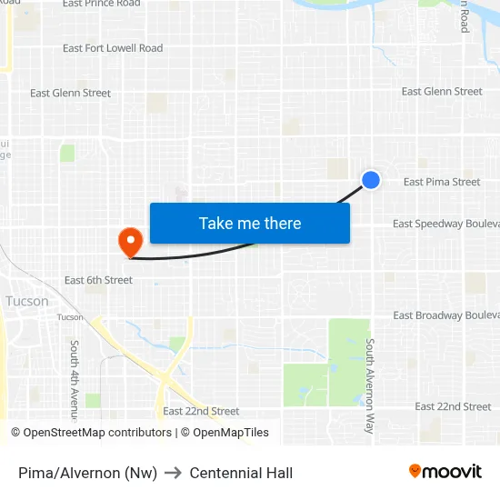 Pima/Alvernon (Nw) to Centennial Hall map
