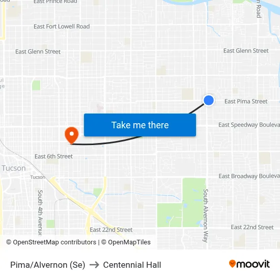 Pima/Alvernon (Se) to Centennial Hall map