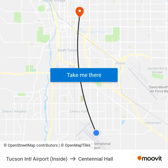 Tucson Intl Airport (Inside) to Centennial Hall map