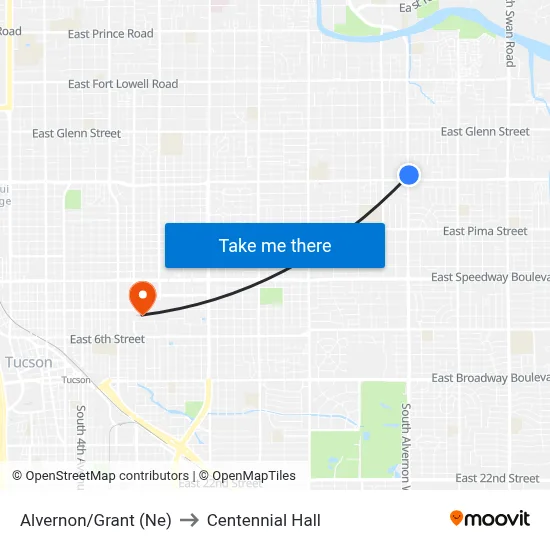 Alvernon/Grant (Ne) to Centennial Hall map