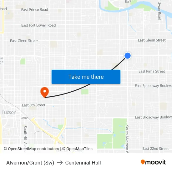 Alvernon/Grant (Sw) to Centennial Hall map
