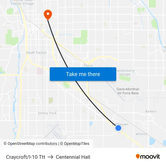 Craycroft/I-10 Ttt to Centennial Hall map