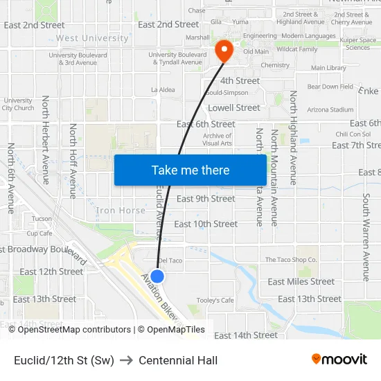 Euclid/12th St (Sw) to Centennial Hall map