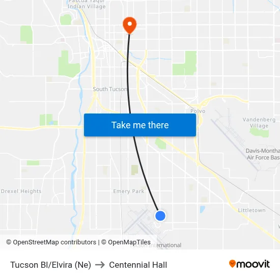 Tucson Bl/Elvira (Ne) to Centennial Hall map