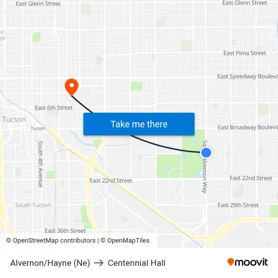 Alvernon/Hayne (Ne) to Centennial Hall map