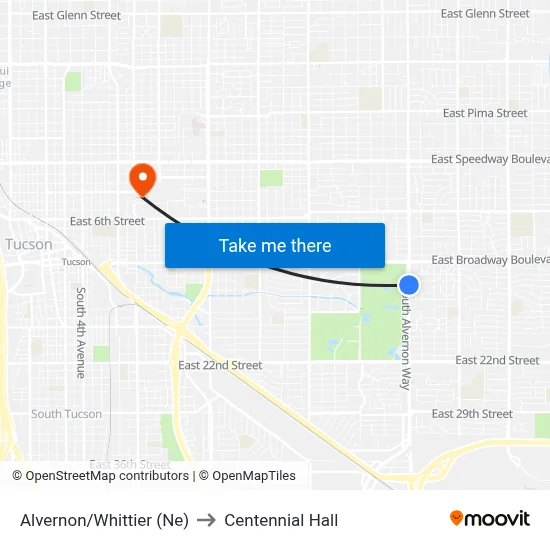 Alvernon/Whittier (Ne) to Centennial Hall map