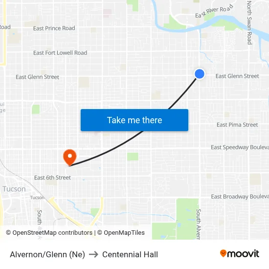 Alvernon/Glenn (Ne) to Centennial Hall map