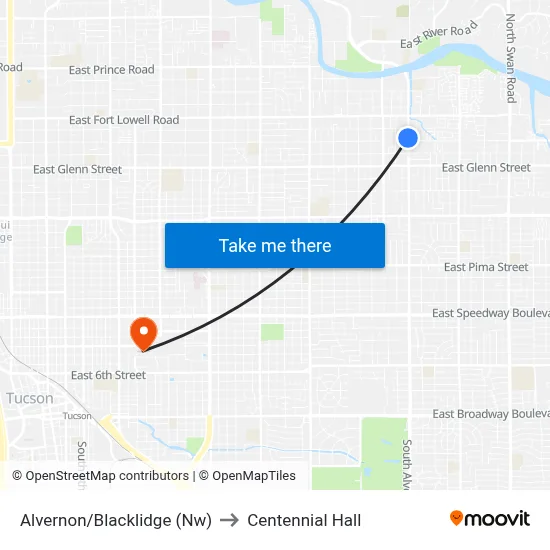 Alvernon/Blacklidge (Nw) to Centennial Hall map