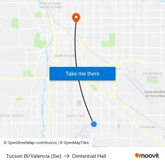 Tucson Bl/Valencia (Sw) to Centennial Hall map