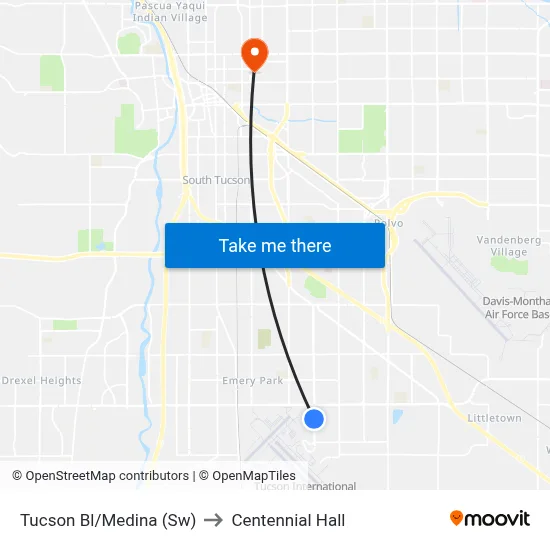 Tucson Bl/Medina (Sw) to Centennial Hall map