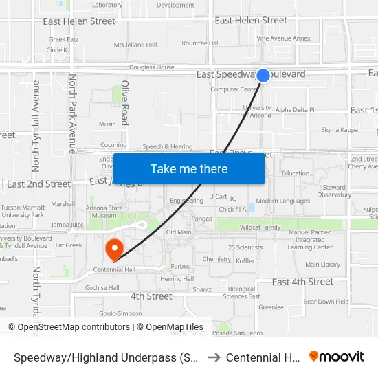 Speedway/Highland Underpass (Sw) to Centennial Hall map
