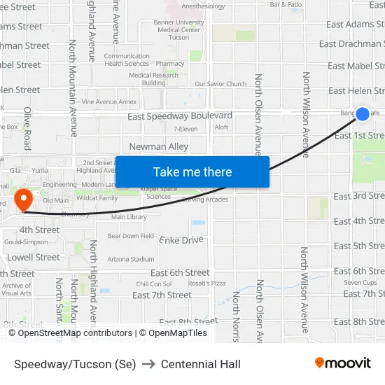 Speedway/Tucson (Se) to Centennial Hall map