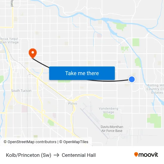 Kolb/Princeton (Sw) to Centennial Hall map