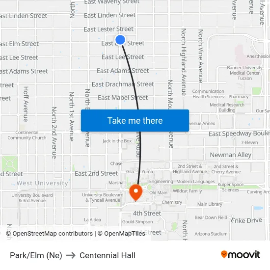 Park/Elm (Ne) to Centennial Hall map