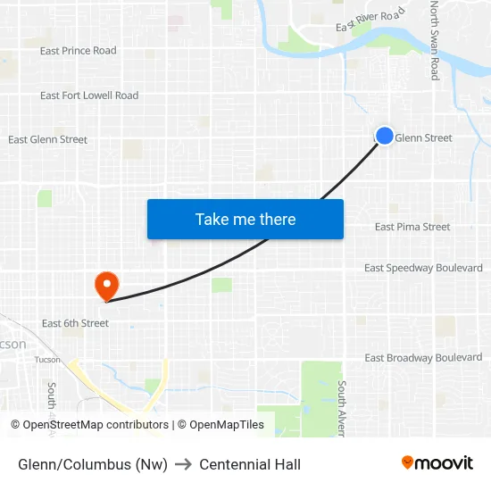 Glenn/Columbus (Nw) to Centennial Hall map