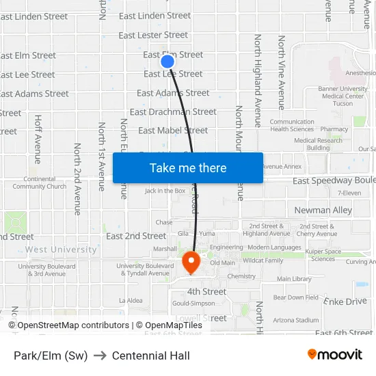 Park/Elm (Sw) to Centennial Hall map