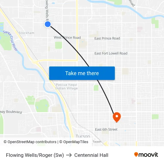 Flowing Wells/Roger (Sw) to Centennial Hall map
