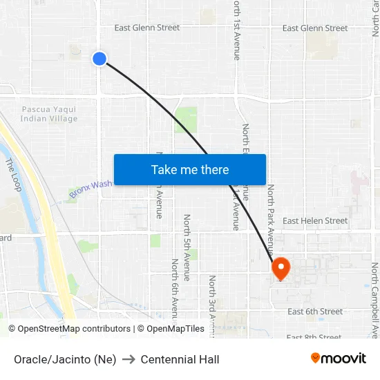 Oracle/Jacinto (Ne) to Centennial Hall map