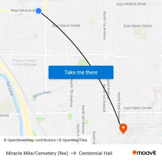 Miracle Mile/Cemetery (Nw) to Centennial Hall map