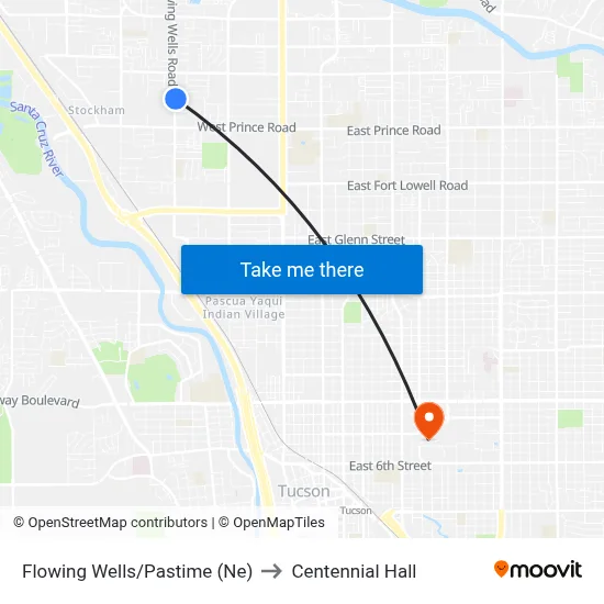Flowing Wells/Pastime (Ne) to Centennial Hall map