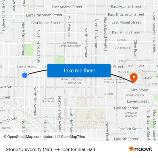 Stone/University (Ne) to Centennial Hall map