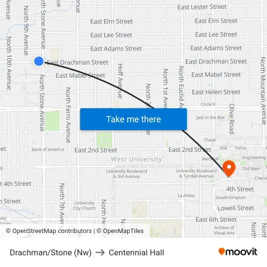 Drachman/Stone (Nw) to Centennial Hall map