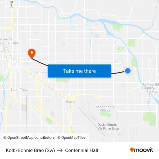 Kolb/Bonnie Brae (Sw) to Centennial Hall map