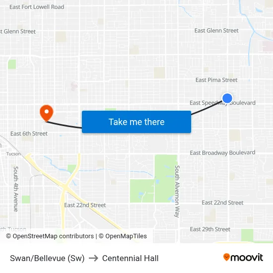 Swan/Bellevue (Sw) to Centennial Hall map