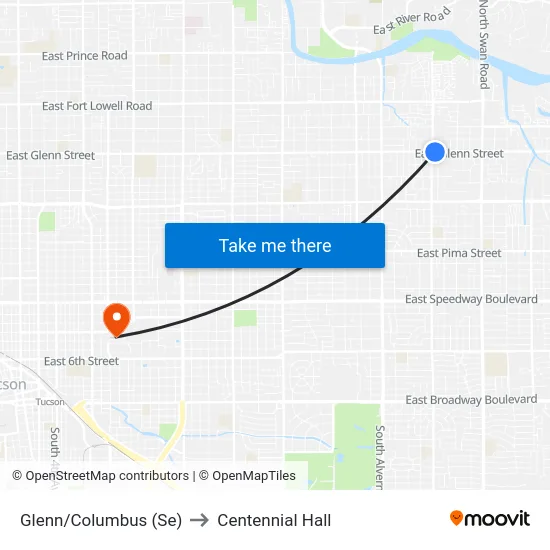 Glenn/Columbus (Se) to Centennial Hall map
