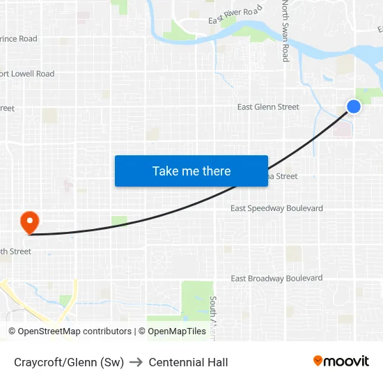 Craycroft/Glenn (Sw) to Centennial Hall map