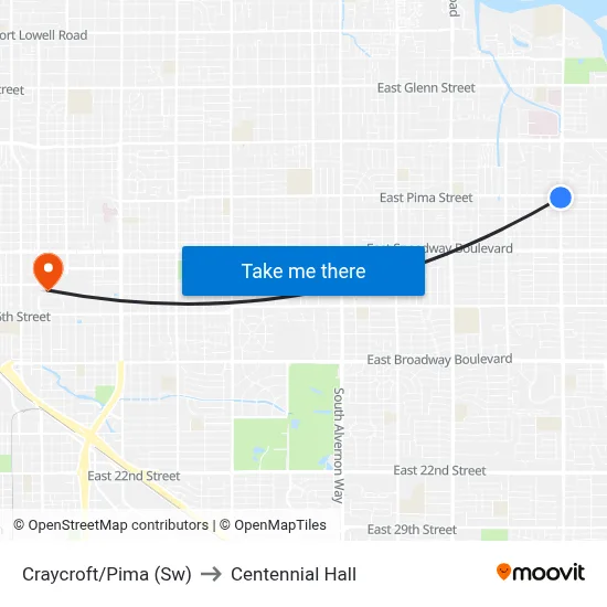 Craycroft/Pima (Sw) to Centennial Hall map