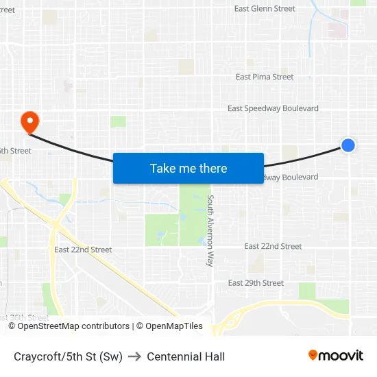 Craycroft/5th St (Sw) to Centennial Hall map