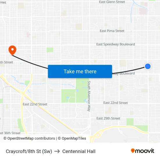 Craycroft/8th St (Sw) to Centennial Hall map