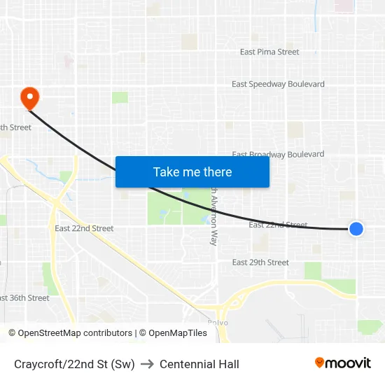 Craycroft/22nd St (Sw) to Centennial Hall map
