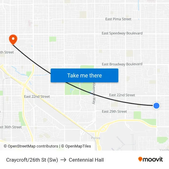 Craycroft/26th St (Sw) to Centennial Hall map
