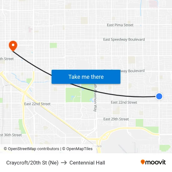 Craycroft/20th St (Ne) to Centennial Hall map