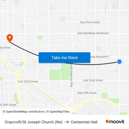 Craycroft/St Joseph Church (Ne) to Centennial Hall map