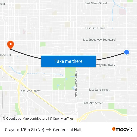 Craycroft/5th St (Ne) to Centennial Hall map