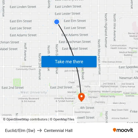 Euclid/Elm (Sw) to Centennial Hall map