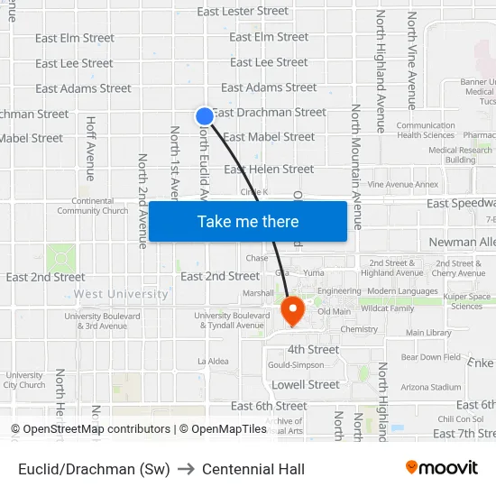 Euclid/Drachman (Sw) to Centennial Hall map