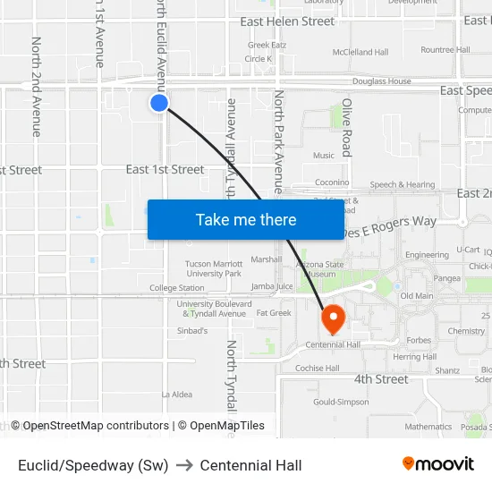 Euclid/Speedway (Sw) to Centennial Hall map